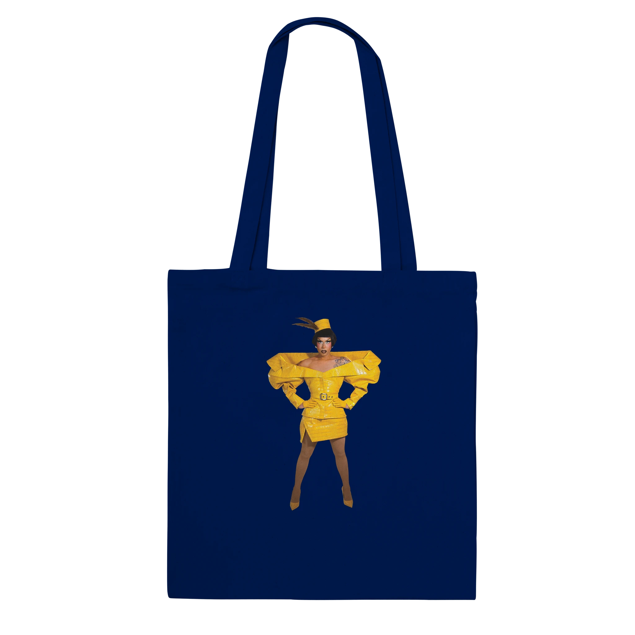 Navy Anita Piss tote bag printed with a photograph of Anita in her saffron croc 'Meet the Queens' look