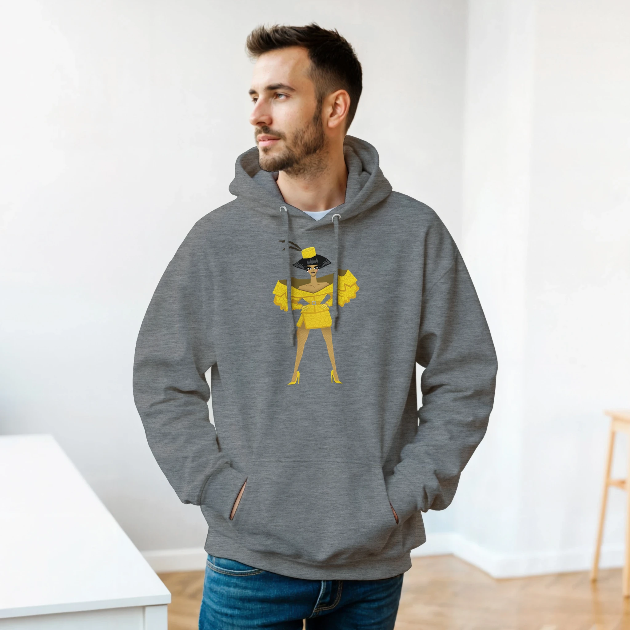 Model wearing Anita Piss illustration hoodie in sport grey