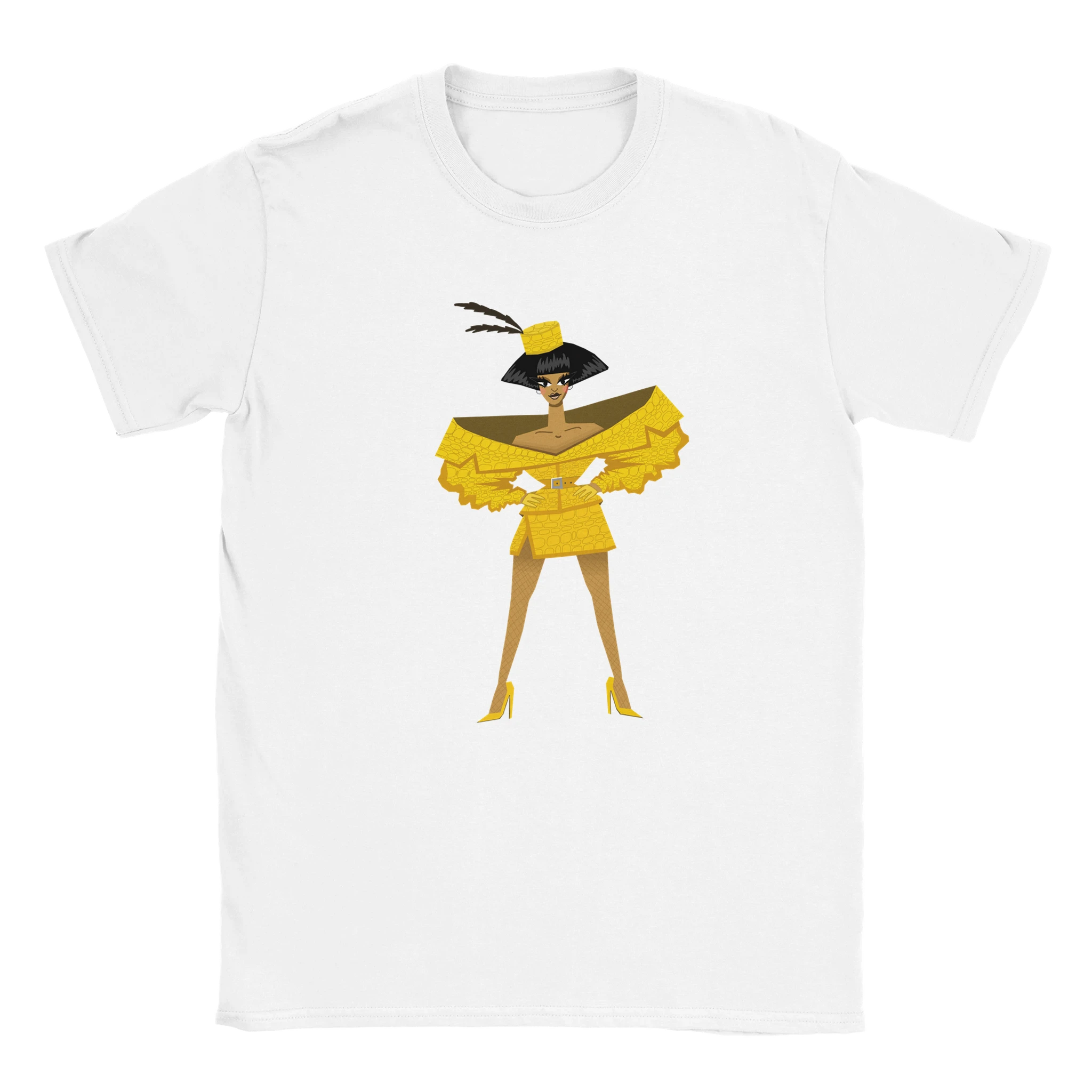 White Anita Piss t-shirt shown flat, printed with the Anita illustration in saffron croc with black pillbox hat