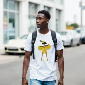 Model wearing a white Anita Piss t-shirt printed with Mocha's illustration of Anita in her saffron croc look, photographed on a city street