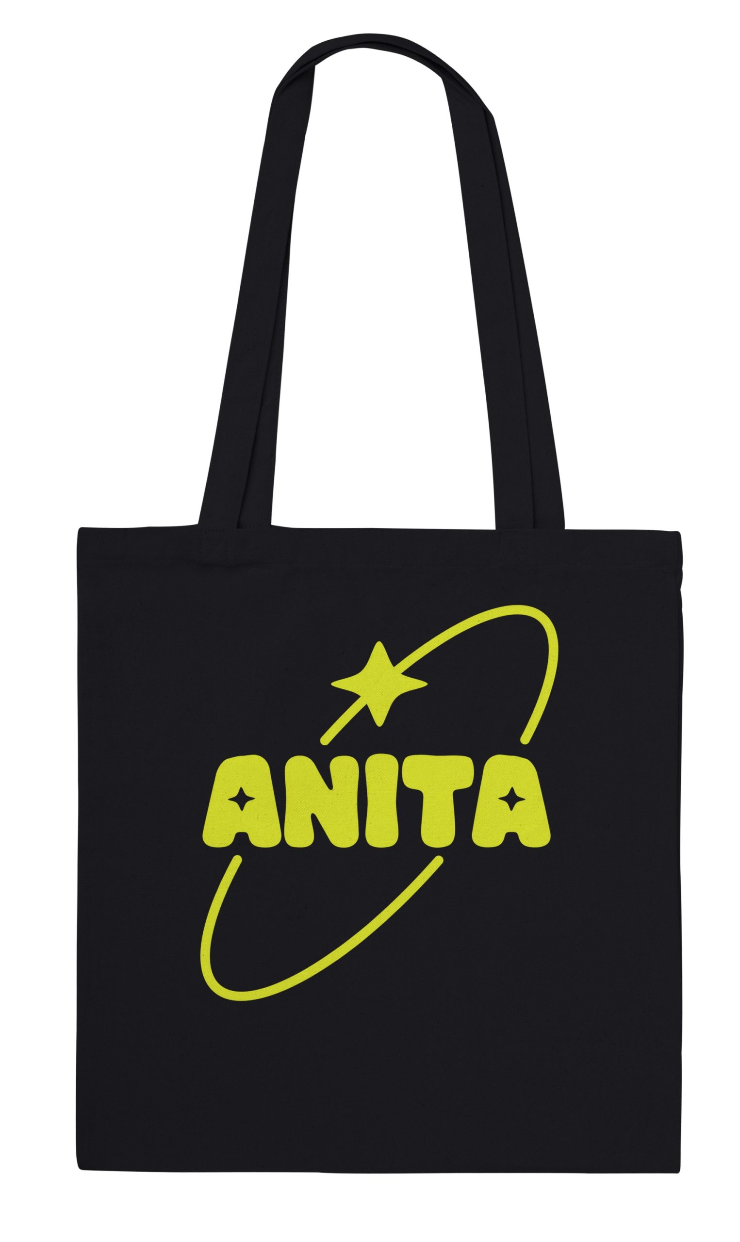 Anita Piss tote bag in black with the ANITA star-and-orbit logo printed in yellow (shared with the Meet the Queens tote)