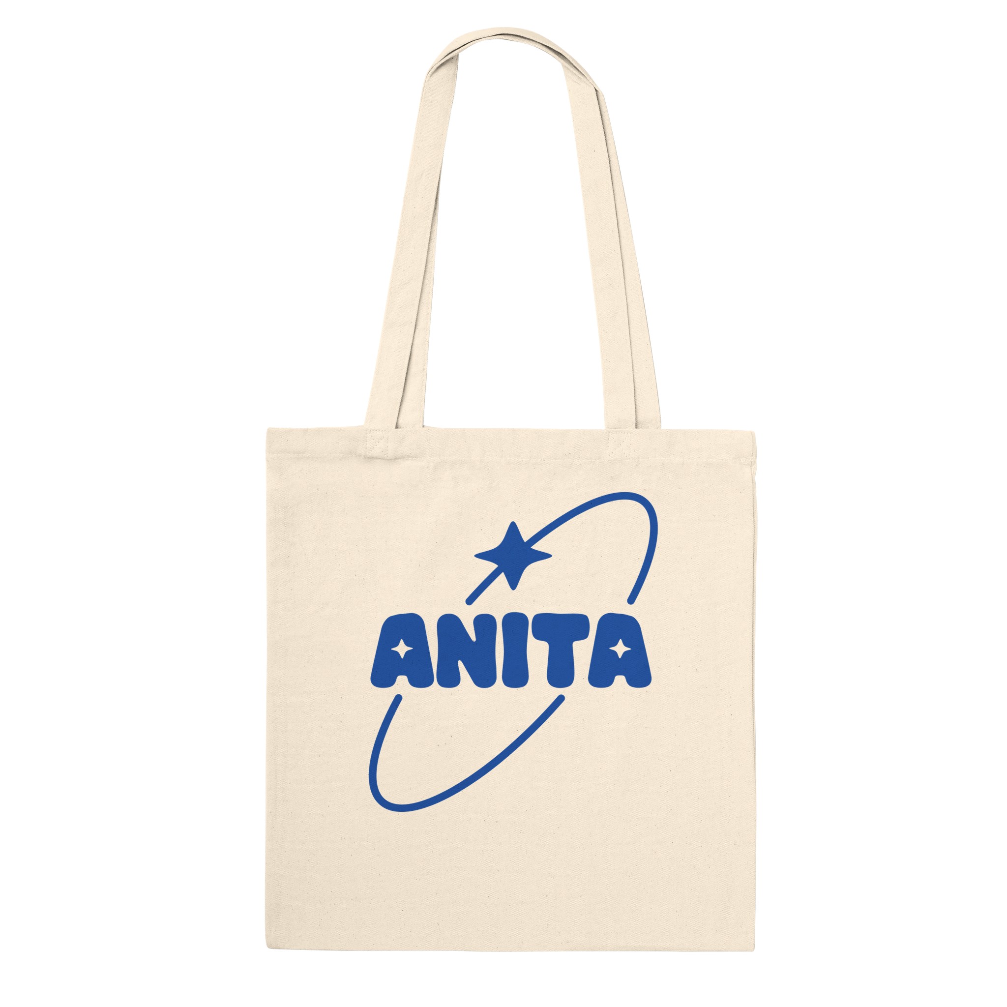 Reverse of the natural Anita Piss tote bag showing the ANITA star-and-orbit logo