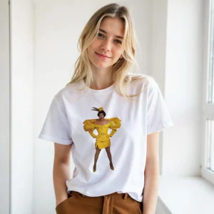 Model wearing a white Anita Piss t-shirt printed with a photograph of Anita in her saffron croc 'Meet the Queens' look
