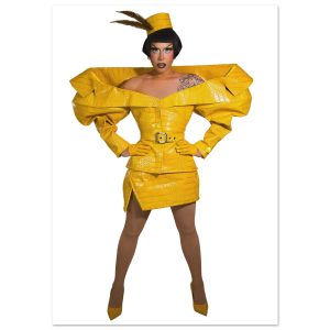 Anita Piss poster, a full-length photograph of Anita in her saffron croc 'Meet the Queens' look with pillbox hat and exaggerated shoulders