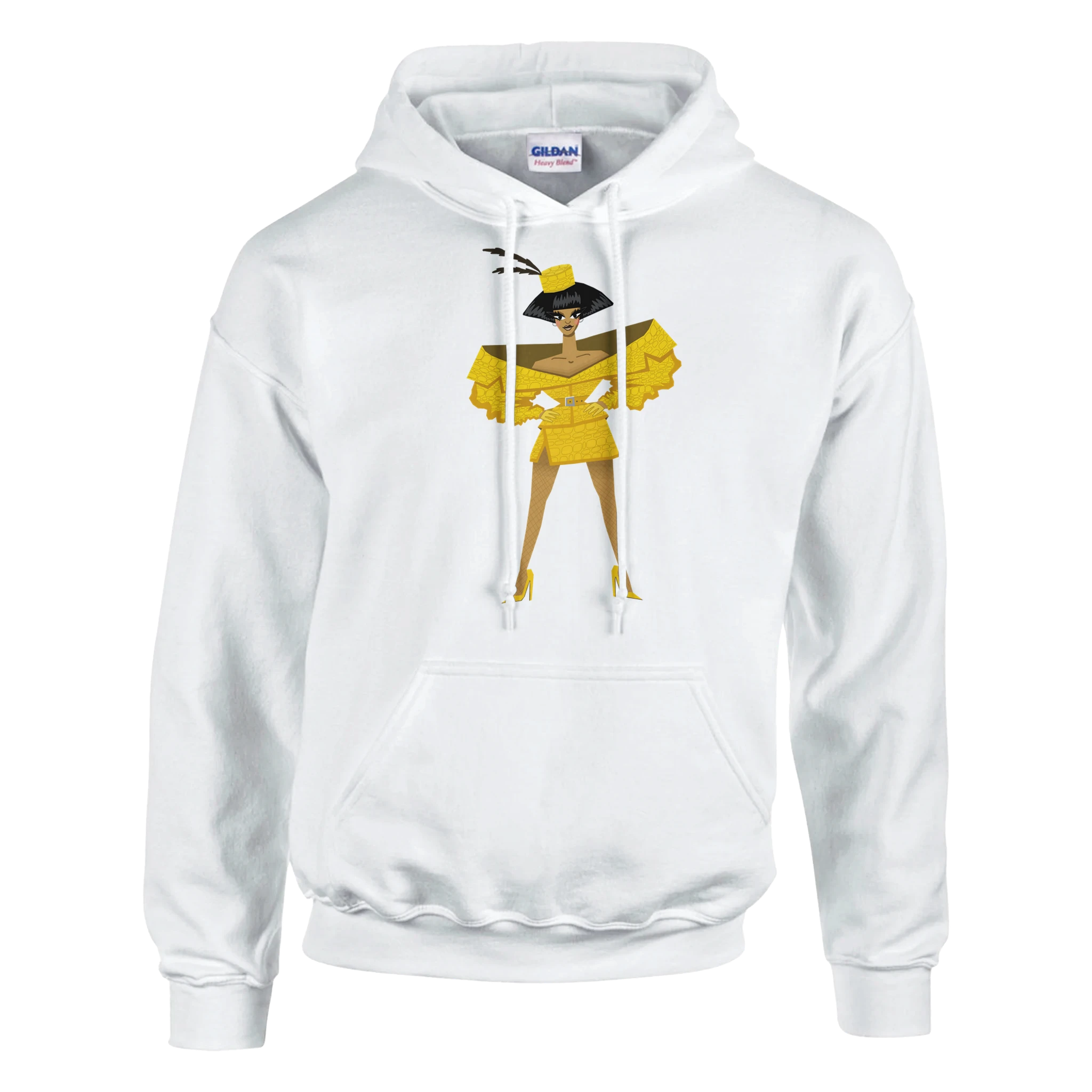White Anita Piss hoodie shown flat, printed with the Anita illustration in saffron croc
