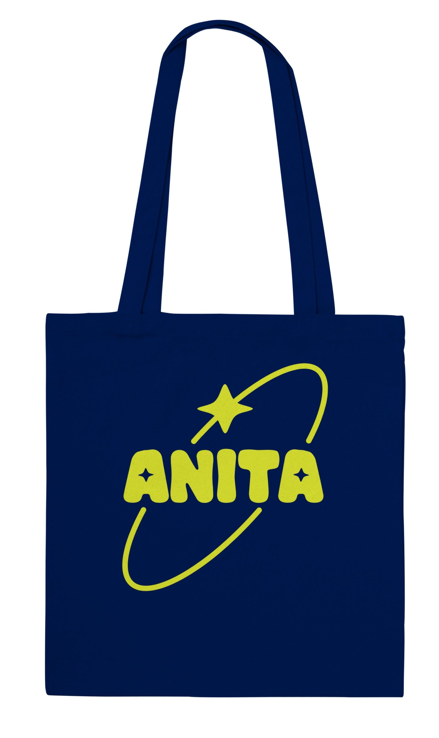 Anita Piss tote bag in navy with the ANITA star-and-orbit logo printed in yellow