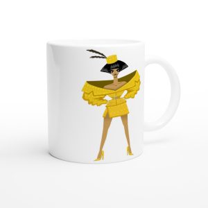 Anita Piss mug printed with Mocha's illustration of Anita in her saffron croc look with black pillbox hat