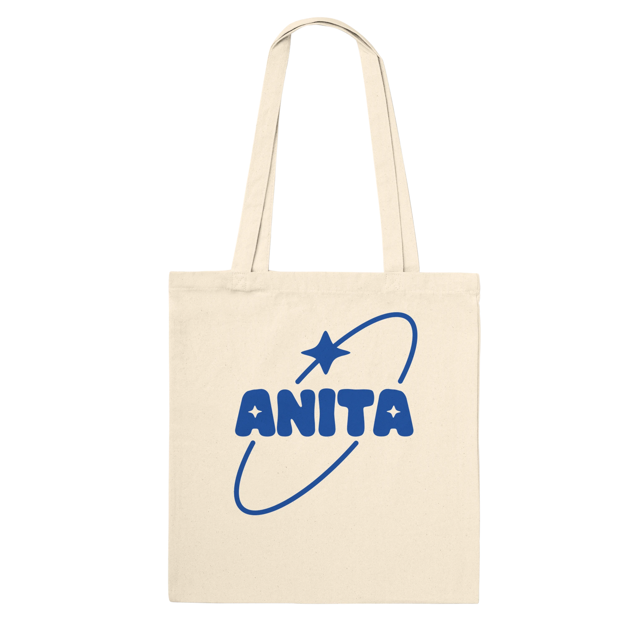 Reverse of the natural Anita Piss tote bag showing the ANITA star-and-orbit logo