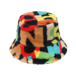 Anita Piss fur bucket hat in multicoloured patchwork letter print, as worn by Anita in the werk room