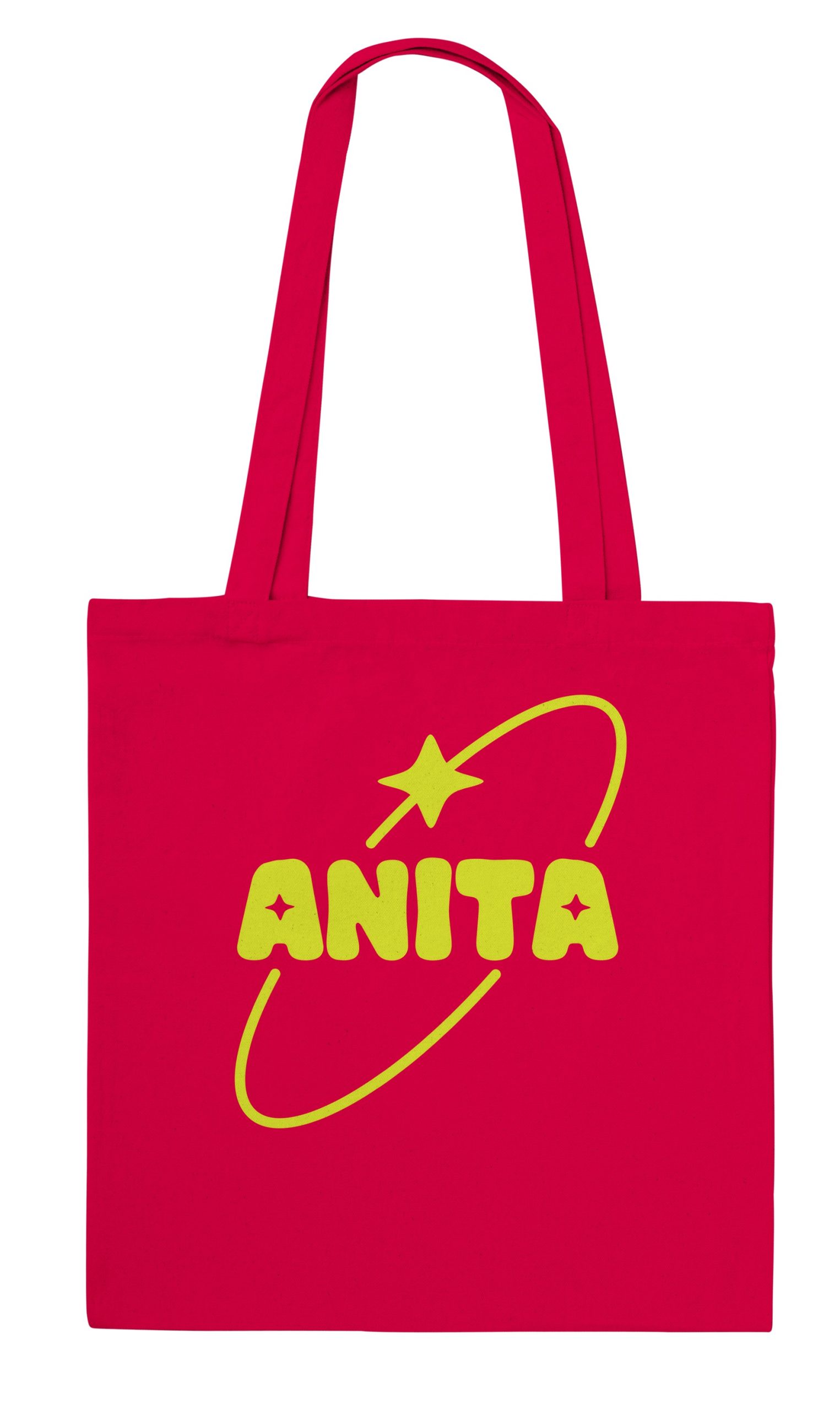Anita Piss tote bag in red with the ANITA star-and-orbit logo printed in yellow (shared with the Meet the Queens tote)